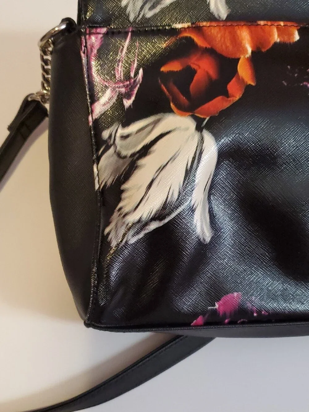 Nine West Black Floral Crossbody Bag with Orange Rose Accent